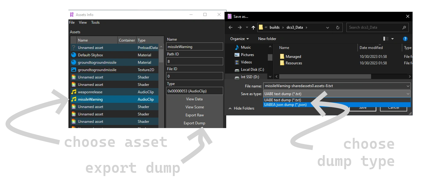 tutorial showing how to export dumps of assets in UABEA