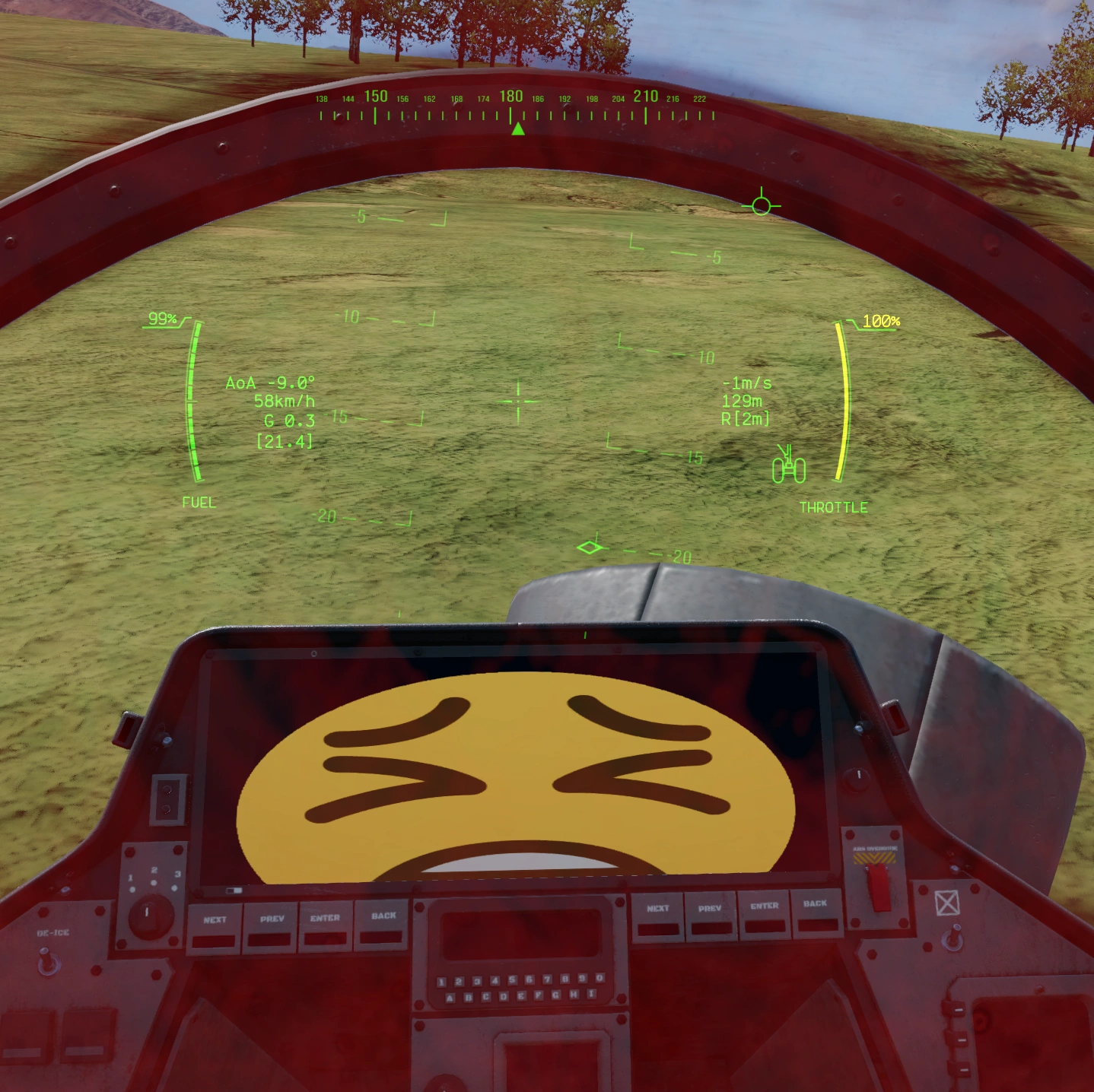 TA-30 Compass retextured to show a tired emoji instead of a bsod on a screen inside its canopy